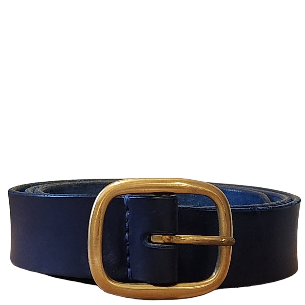 Blue Leather Belt with Solid Brass Buckle Size Small